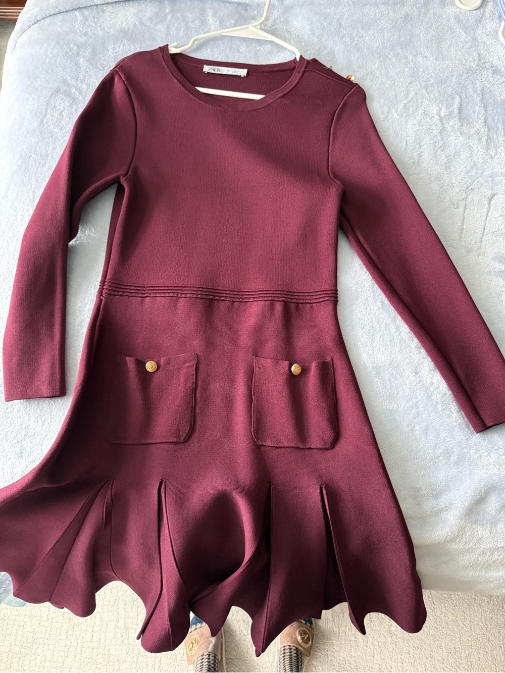 Zara - Pleated Dress - Small with Gold Buttons - MISSING 2 BUTTONS
